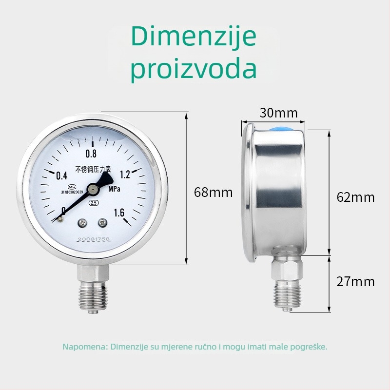 Tlakomjer od nehrđajućeg čelika, otporan na udarce, raspon mjerenja 0-60, točnost 2,5%/1,6%, navojni priključak M14x1,5, radna temperatura -40 do 200°C