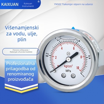 Seizmički manometar YN50Z, aksijalno, plošno montiran s klip-priloškom; aksijalno navo spoj; domet mjerenja 0-60 i -0,1-2,4; točnost razred 2,5