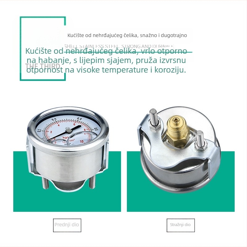 Seizmički manometar YN50Z, aksijalno, plošno montiran s klip-priloškom; aksijalno navo spoj; domet mjerenja 0-60 i -0,1-2,4; točnost razred 2,5