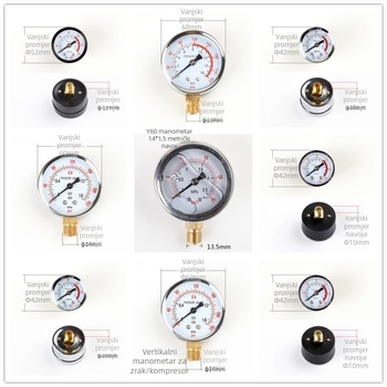 Dijafragmatski manometar za zračni kompresor, raspon mjerenja 0–1.6 MPa, točnost 0.1 MPa, navojni priključak, Ø42 mm