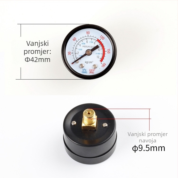 Dijafragmatski manometar za zračni kompresor, raspon mjerenja 0–1.6 MPa, točnost 0.1 MPa, navojni priključak, Ø42 mm