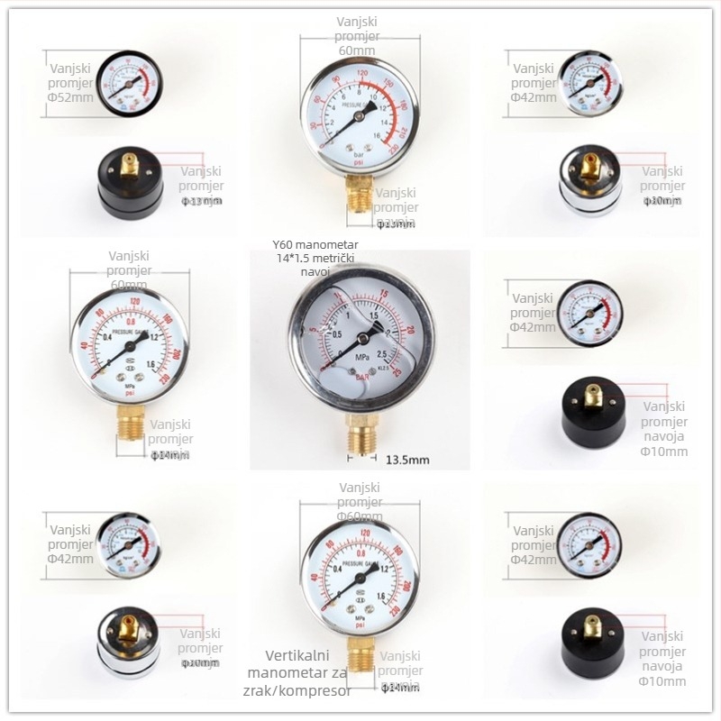 Dijafragmatski manometar za zračni kompresor, raspon mjerenja 0–1.6 MPa, točnost 0.1 MPa, navojni priključak, Ø42 mm