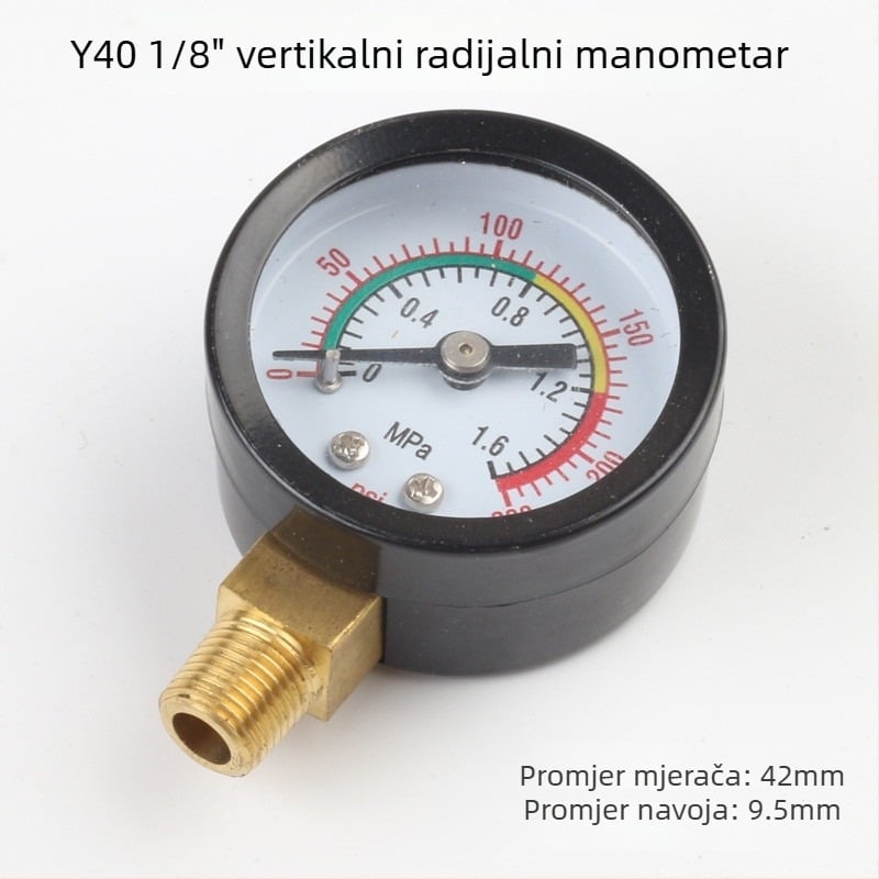 Dijafragmatski manometar za zračni kompresor, raspon mjerenja 0–1.6 MPa, točnost 0.1 MPa, navojni priključak, Ø42 mm