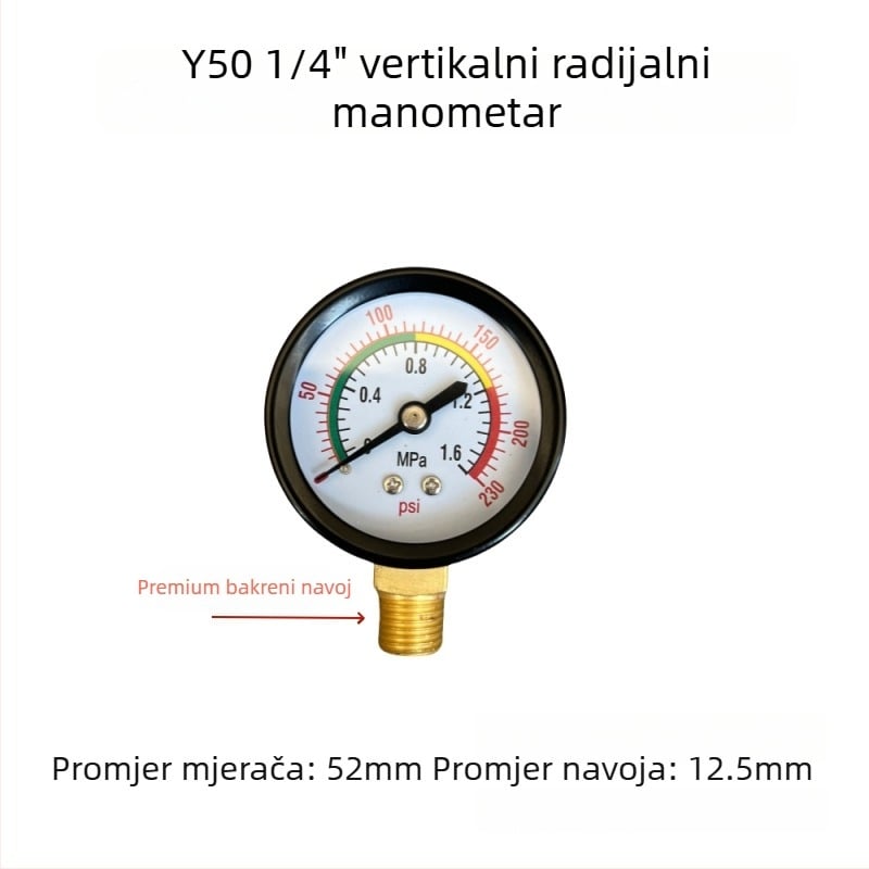 Dijafragmatski manometar za zračni kompresor, raspon mjerenja 0–1.6 MPa, točnost 0.1 MPa, navojni priključak, Ø42 mm