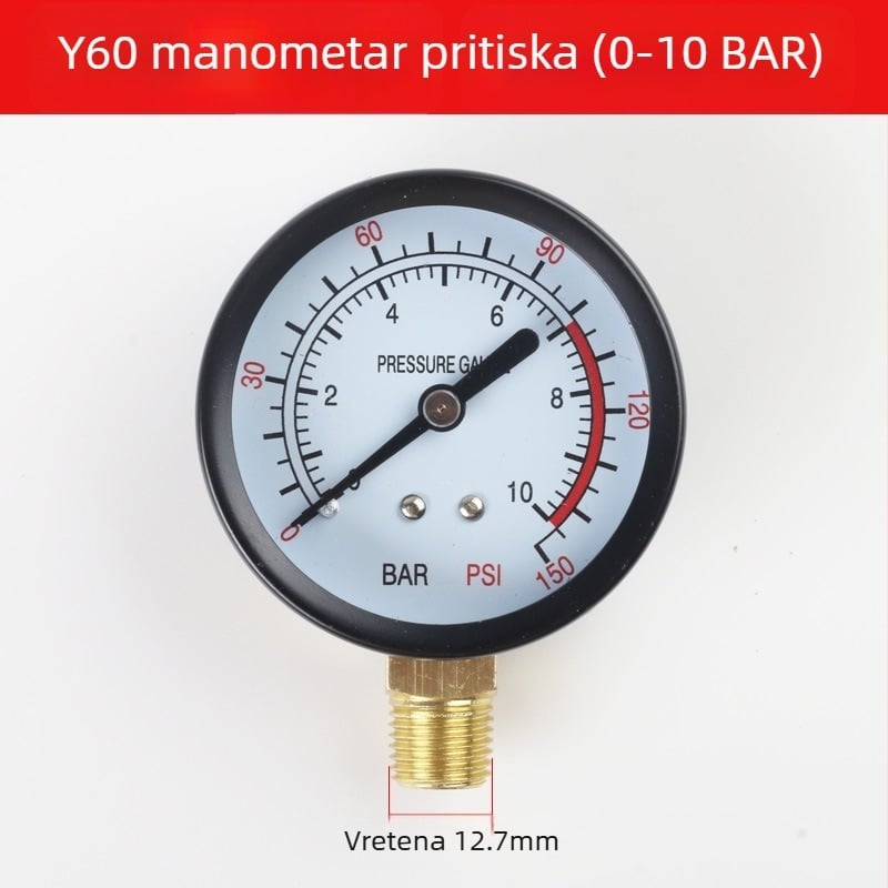 Dijafragmatski manometar za zračni kompresor, raspon mjerenja 0–1.6 MPa, točnost 0.1 MPa, navojni priključak, Ø42 mm
