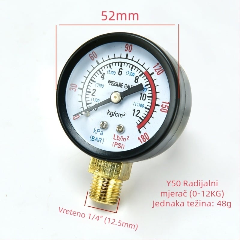 Dijafragmatski manometar za zračni kompresor, raspon mjerenja 0–1.6 MPa, točnost 0.1 MPa, navojni priključak, Ø42 mm