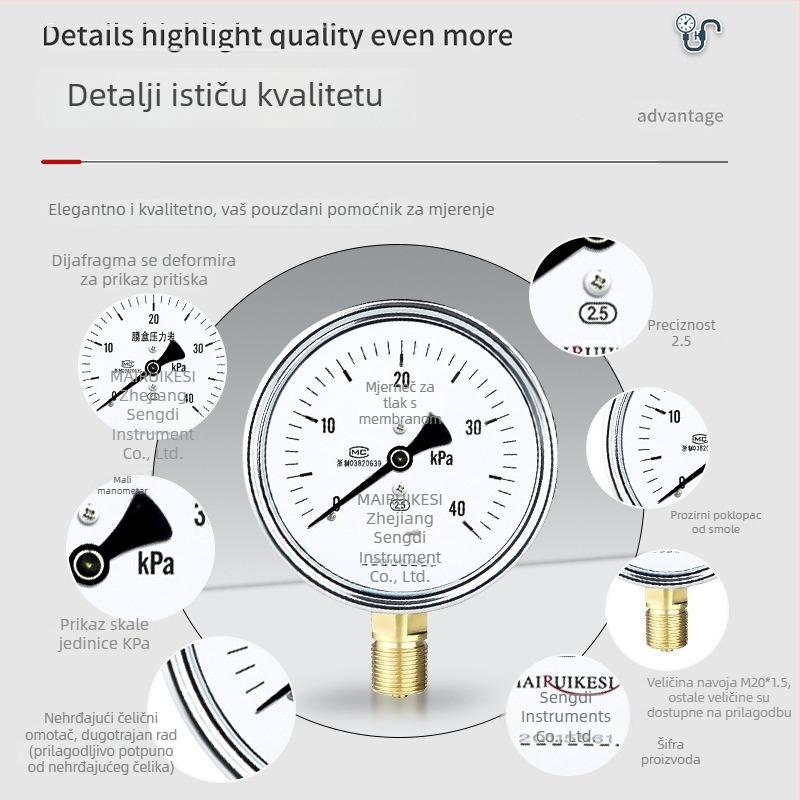 YE100 membranski manometar s prozirnim prednjim kućištem od smole, M20×1.5, raspon -100 do 100 kPa, točnost klase 2.5