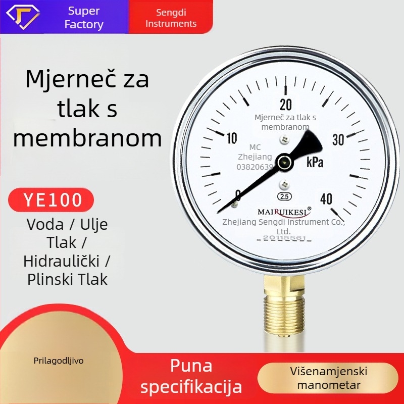 YE100 membranski manometar s prozirnim prednjim kućištem od smole, M20×1.5, raspon -100 do 100 kPa, točnost klase 2.5