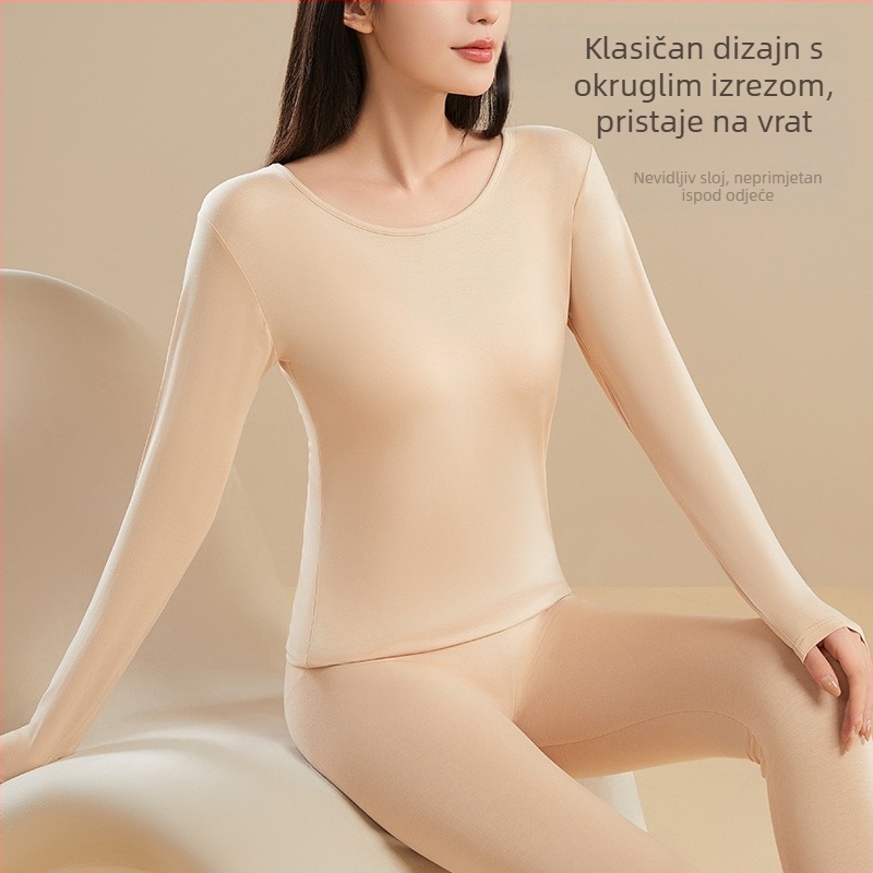 Ženski termični komplet od viskoze — srednja toplina, debela tkanina, uski kroj, pulover s okruglim izrezom