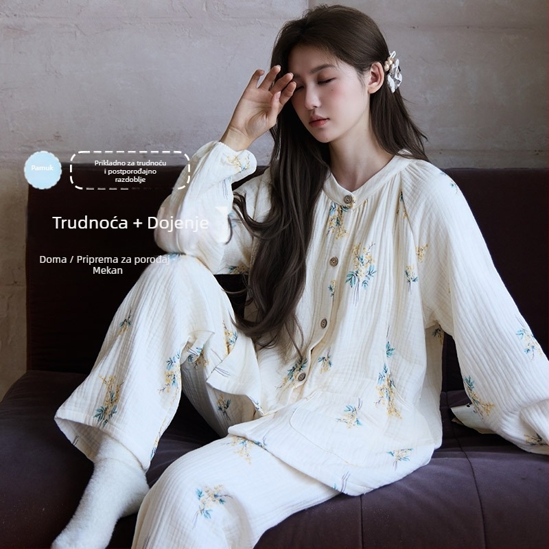 Pamučna pidžama za trudnice i dojenje od gaze četiri sloja, dugi rukavi, okrugli ovratnik, debeli 100% pamuk, pogodna za zimu, proljeće i jesen.