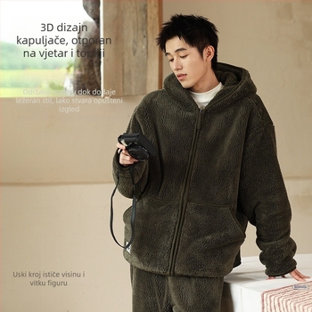 Muški set pidžama s kapuljačom od debelog baršuna – kardigan stil, V-izrez, dugi rukavi, ekstra debela tkanina 401–500 g/m², pogodan za zimu, proljeće i jesen