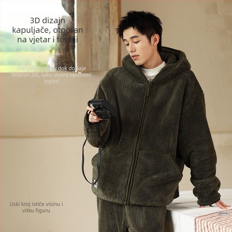 Muški set pidžama s kapuljačom od debelog baršuna – kardigan stil, V-izrez, dugi rukavi, ekstra debela tkanina 401–500 g/m², pogodan za zimu, proljeće i jesen