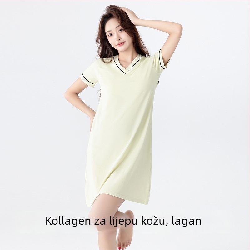 Pamukasta noćna haljina s kratkim rukavima, V-izrez, ugrađena podstavljena podrška za grudi, udobno kućno odijevanje