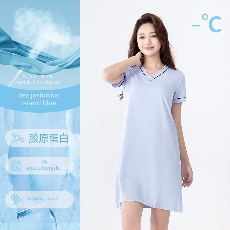 Pamukasta noćna haljina s kratkim rukavima, V-izrez, ugrađena podstavljena podrška za grudi, udobno kućno odijevanje