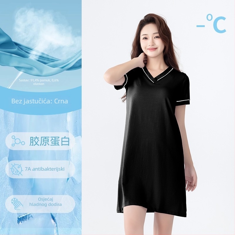 Pamukasta noćna haljina s kratkim rukavima, V-izrez, ugrađena podstavljena podrška za grudi, udobno kućno odijevanje