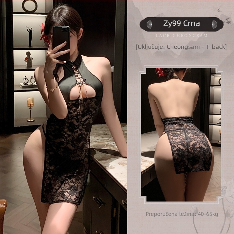 Haljina u stilu čipao s prozirnom čipkom i izrezima, stojeći ovratnik; materijal Lace + milk silk, poliester