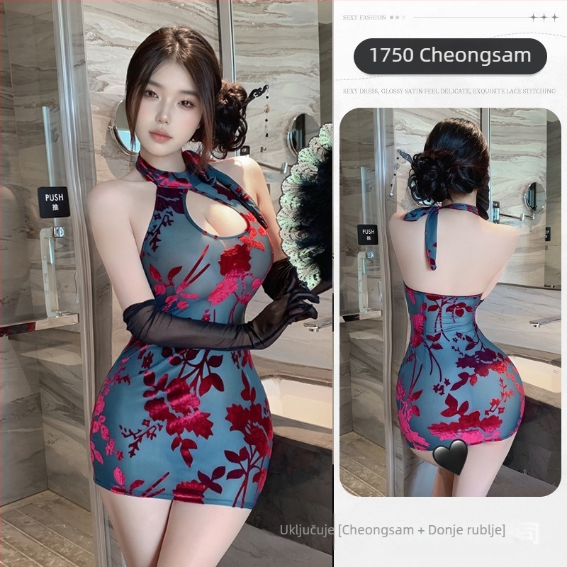 Kostim za ulogu u stilu Cheongsam sa prozirnim dijelovima i hulahopkama, poliester materijal