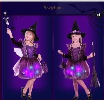 Halloween dječji kostim: Kostim za scensku izvedbu – vještica-princesa haljina od organze s 80% polipropilena i spandeksa, hlačasti set, za djecu 3–8 godina, jesen