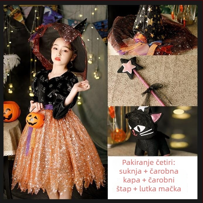 Halloween dječji kostim: Kostim za scensku izvedbu – vještica-princesa haljina od organze s 80% polipropilena i spandeksa, hlačasti set, za djecu 3–8 godina, jesen