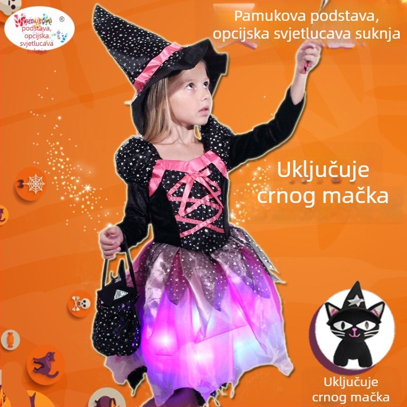 Halloween dječji kostim: Kostim za scensku izvedbu – vještica-princesa haljina od organze s 80% polipropilena i spandeksa, hlačasti set, za djecu 3–8 godina, jesen