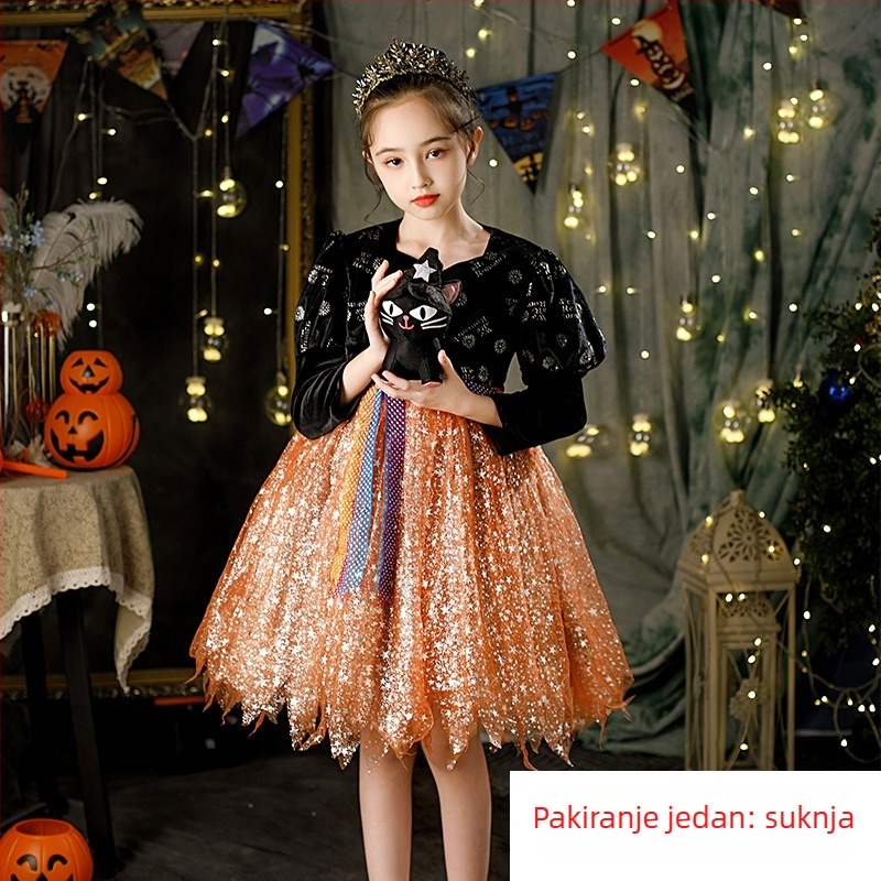 Halloween dječji kostim: Kostim za scensku izvedbu – vještica-princesa haljina od organze s 80% polipropilena i spandeksa, hlačasti set, za djecu 3–8 godina, jesen