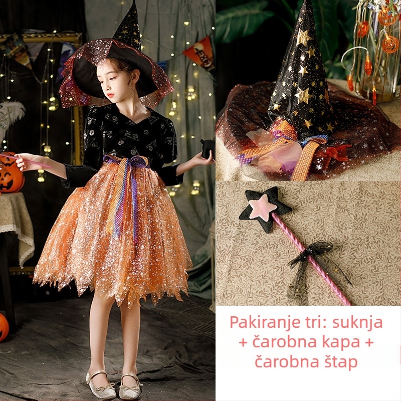 Halloween dječji kostim: Kostim za scensku izvedbu – vještica-princesa haljina od organze s 80% polipropilena i spandeksa, hlačasti set, za djecu 3–8 godina, jesen