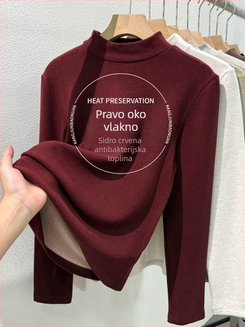 Ženski T-shirt s okruglim izrezom, fleece podstava za toplinu, zimski osnovni sloj, dugi rukav, pleteni viskozni materijal 30-50%