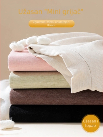 Ženski T-shirt s okruglim izrezom, fleece podstava za toplinu, zimski osnovni sloj, dugi rukav, pleteni viskozni materijal 30-50%