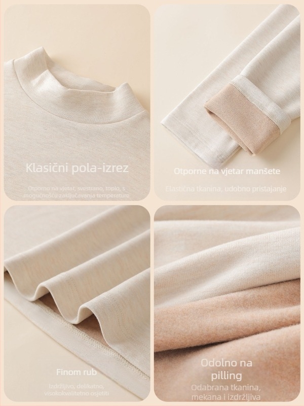 Ženski T-shirt s okruglim izrezom, fleece podstava za toplinu, zimski osnovni sloj, dugi rukav, pleteni viskozni materijal 30-50%