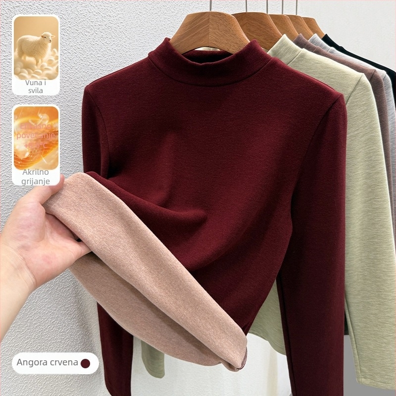 Ženski T-shirt s okruglim izrezom, fleece podstava za toplinu, zimski osnovni sloj, dugi rukav, pleteni viskozni materijal 30-50%