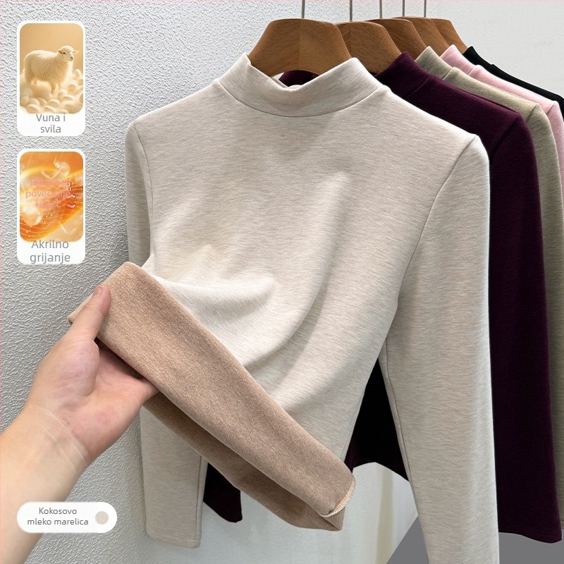 Ženski T-shirt s okruglim izrezom, fleece podstava za toplinu, zimski osnovni sloj, dugi rukav, pleteni viskozni materijal 30-50%