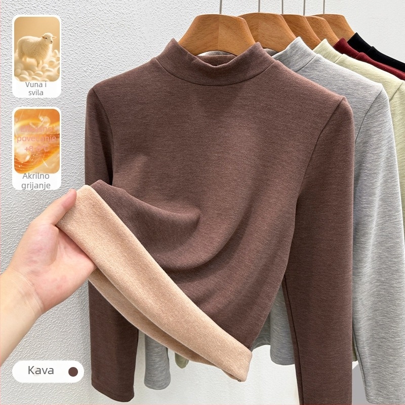 Ženski T-shirt s okruglim izrezom, fleece podstava za toplinu, zimski osnovni sloj, dugi rukav, pleteni viskozni materijal 30-50%