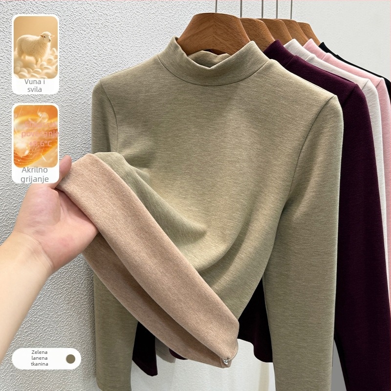 Ženski T-shirt s okruglim izrezom, fleece podstava za toplinu, zimski osnovni sloj, dugi rukav, pleteni viskozni materijal 30-50%