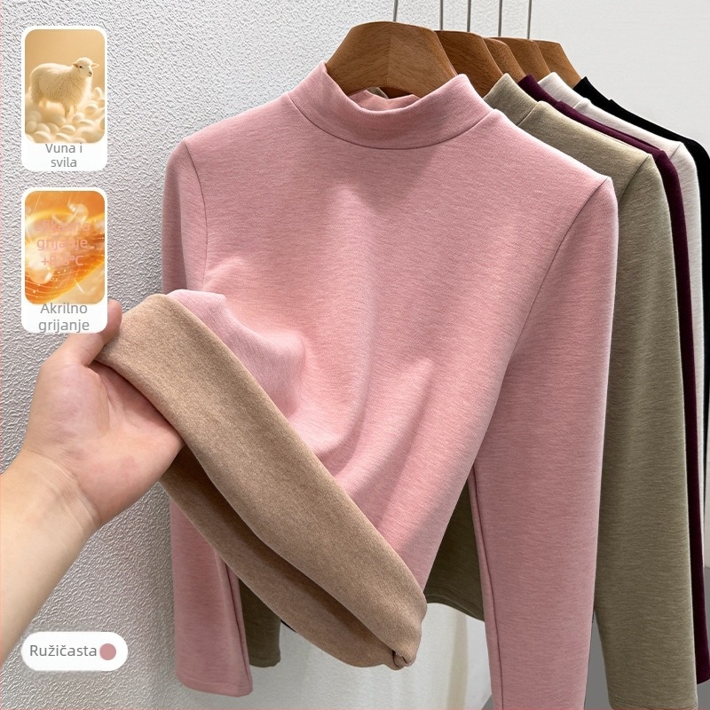 Ženski T-shirt s okruglim izrezom, fleece podstava za toplinu, zimski osnovni sloj, dugi rukav, pleteni viskozni materijal 30-50%