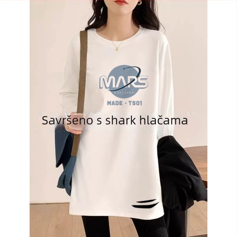 Majica T‑shirt s dvostrukim baršunom, Derong glavni materijal, okrugli izrez, dugi rukavi, srednja duljina, opušten kroj, vezenje