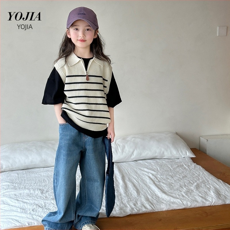 Dječji pleteni prsluk za djevojčice, korejskog stila, bez rukava, V-izrez, poliester, proljeće 2025