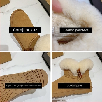 Ženske čizme za snijeg od teleće kože, podstavljene umjetnim kratkim krznom, uložak od mikrovlakna, gumeni potplat, srednje visine