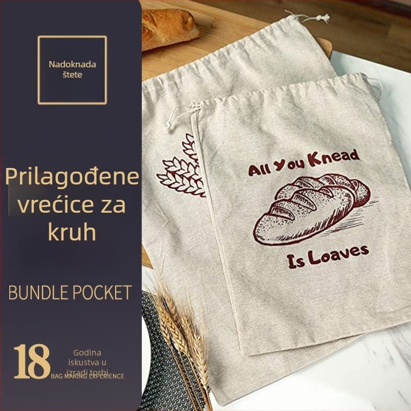 Vrećica za bagetu sa šňom, od lana i pamuka, za pakiranje kruha; mogućnost tiskanja logotipa; licencirana privatna oznaka