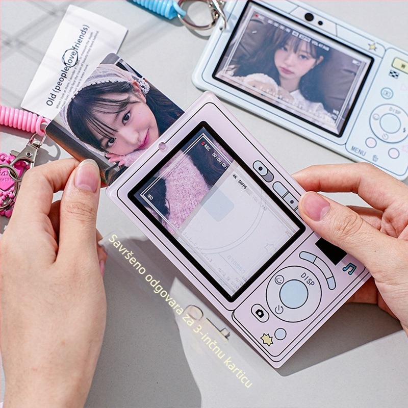 Akrilni držač kartica s motivom retro fotoaparata — pohrana kartica/ID i fotografija, minimalistički moderni stil