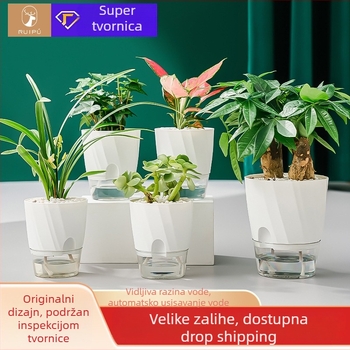 Saksija za biljke s automatskim zalijevanjem, prozirna plastika, otporna na koroziju i izdržljiva; za stolnu ili podnu upotrebu, nordijski minimalistički dizajn, proizvedena injekcijskim oblikovanjem.