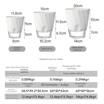 Saksija za biljke s automatskim zalijevanjem, prozirna plastika, otporna na koroziju i izdržljiva; za stolnu ili podnu upotrebu, nordijski minimalistički dizajn, proizvedena injekcijskim oblikovanjem.