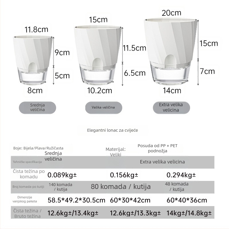 Saksija za biljke s automatskim zalijevanjem, prozirna plastika, otporna na koroziju i izdržljiva; za stolnu ili podnu upotrebu, nordijski minimalistički dizajn, proizvedena injekcijskim oblikovanjem.