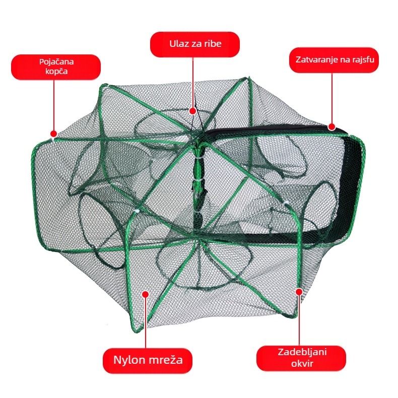 Košara za škampe – ojačana sklopiva konstrukcija, automatska ribolovna mreža, najlon