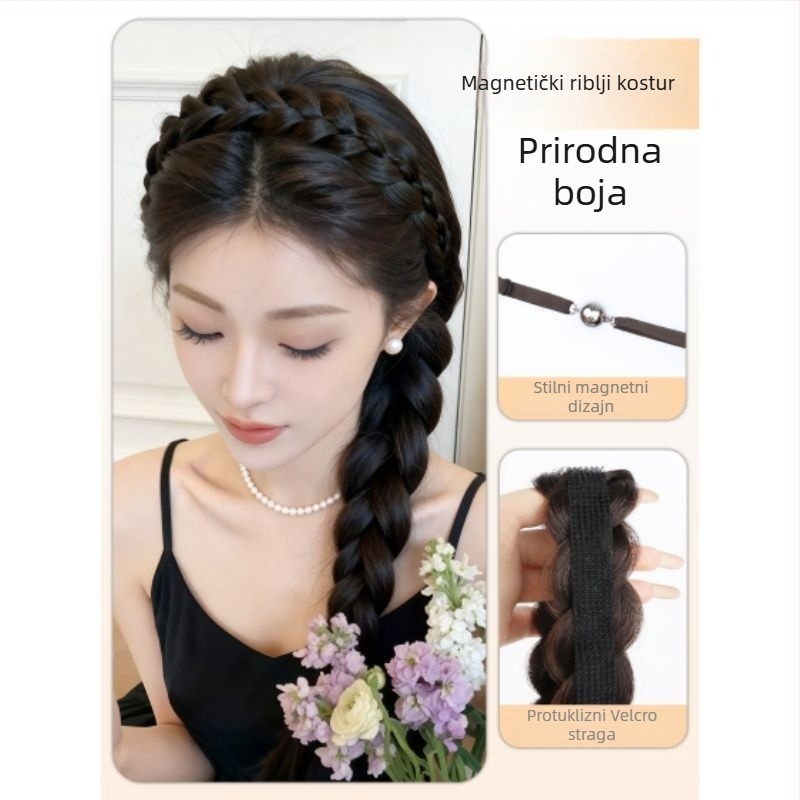 Magnetska riblja kost pletena perika, sintetička kosa, anime cosplay stil, model CX006 Magnetic Princess Braid, oblikuje lice i dodaje volumen
