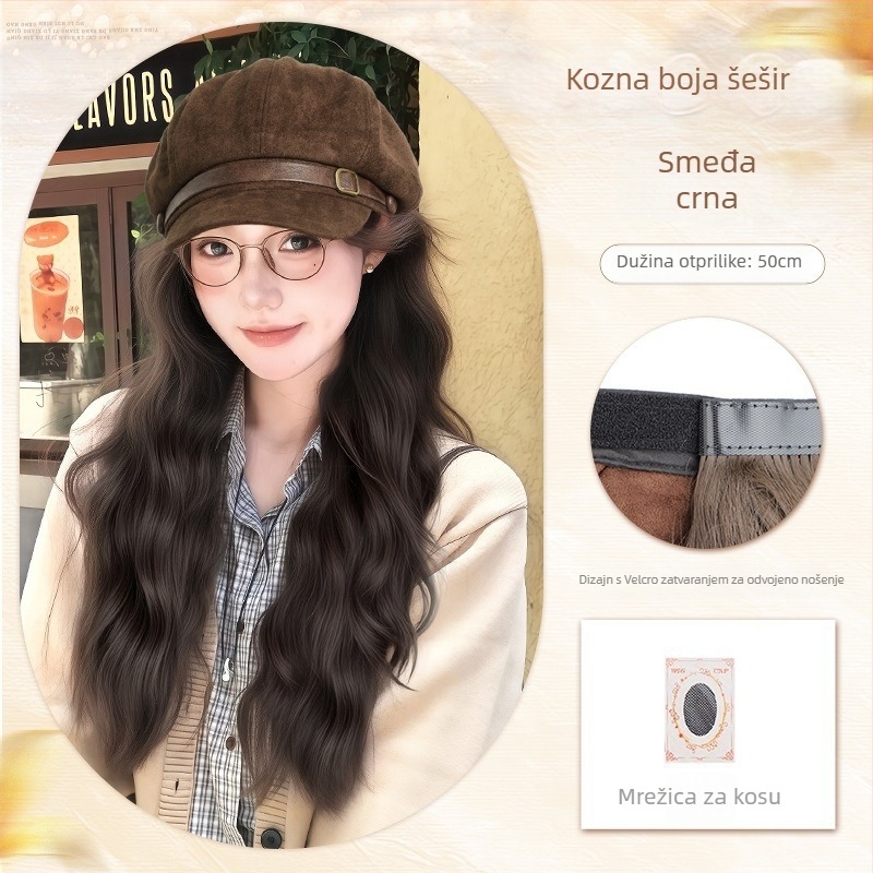 Ženska perika s kapom, beret stil, valovita kosa kao vodni valovi, bez fringe, vlakna otporna na visoke temperature, mehanička izrada, dodaje volumen kosi