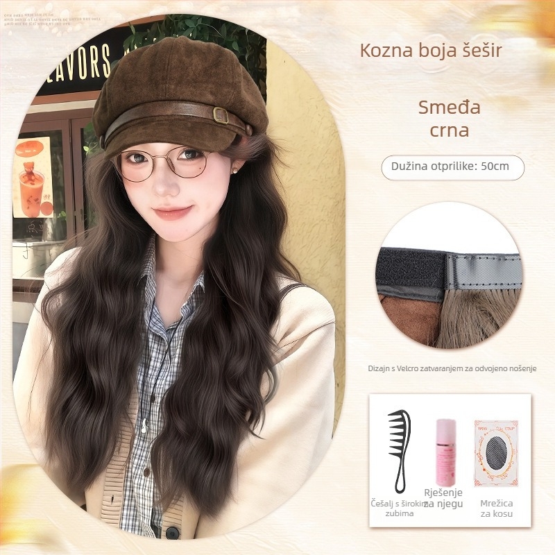 Ženska perika s kapom, beret stil, valovita kosa kao vodni valovi, bez fringe, vlakna otporna na visoke temperature, mehanička izrada, dodaje volumen kosi