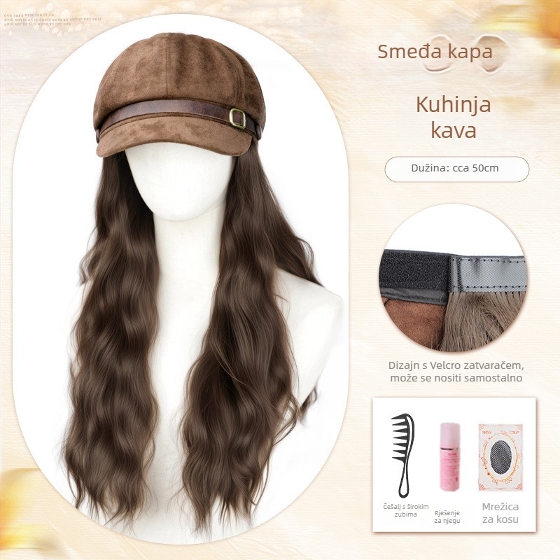 Ženska perika s kapom, beret stil, valovita kosa kao vodni valovi, bez fringe, vlakna otporna na visoke temperature, mehanička izrada, dodaje volumen kosi