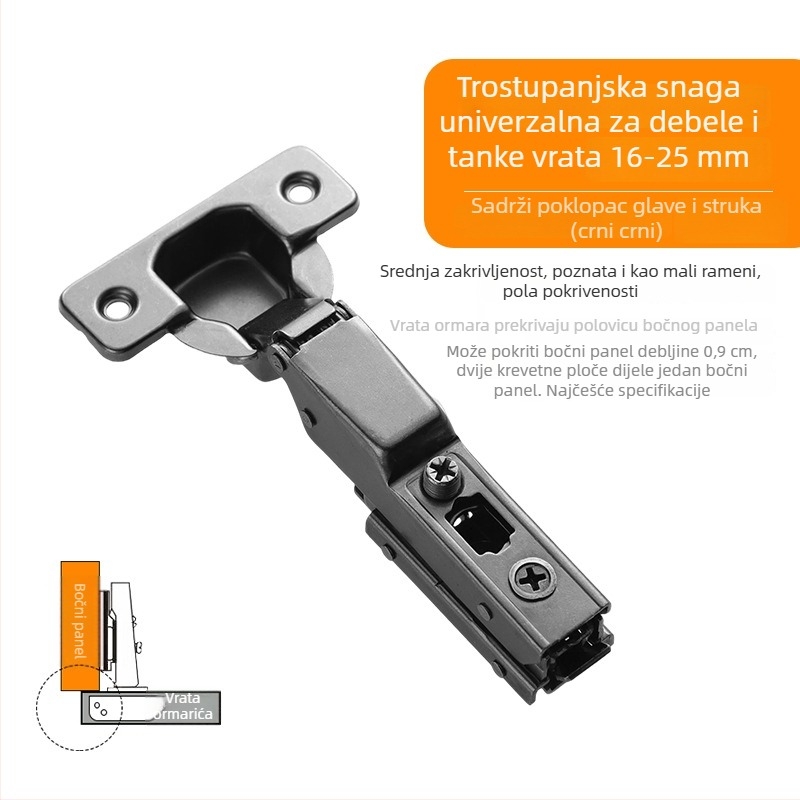 Panti za vrata garderobe s trosegmetnim tlmičem i podesivim hidrauličkim mehanizmom, model CG-T9, hladno valjani čelik, debljina 1 mm, elektroplatirani premaz