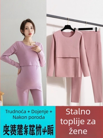 Trudnički termalni set za jesen/zimu s De Rong tkaninom – dugi rukav, otvor za dojenje, 90–95% poliester, do 30% spandex