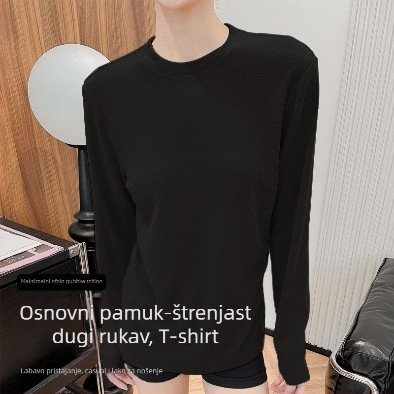 Ženska majica s okruglim izrezom i dugim rukavima, slobodan kroj, prozračna mješavina viskoze-pamuka-akrila-spandeksa